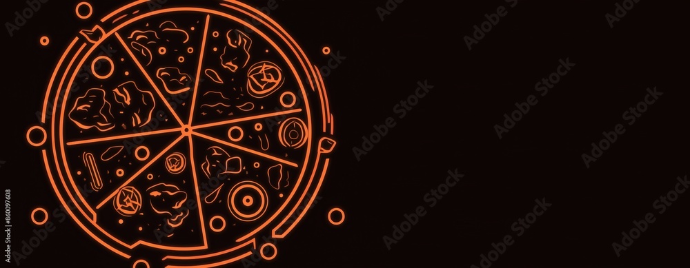 Pizza sliced, graphic contour illustration on a dark black background, isolate. AI generated. Pizza sliced, graphic contour illustration on a dark black background, isolate. AI generated.