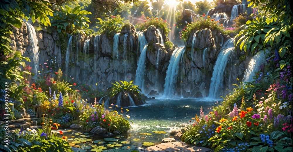 garden waterfall flowing river with flowers and tropical trees idyllic island paradise Eden landscape. garden waterfall flowing river with flowers and tropical trees idyllic island paradise Eden landscape.