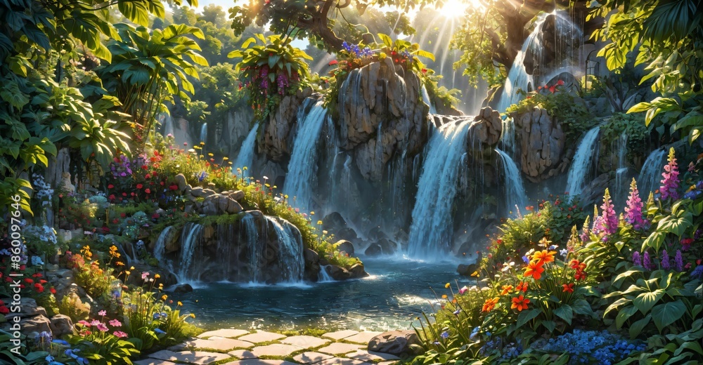 garden waterfall flowing river with flowers and tropical trees idyllic island paradise Eden landscape. garden waterfall flowing river with flowers and tropical trees idyllic island paradise Eden landscape.