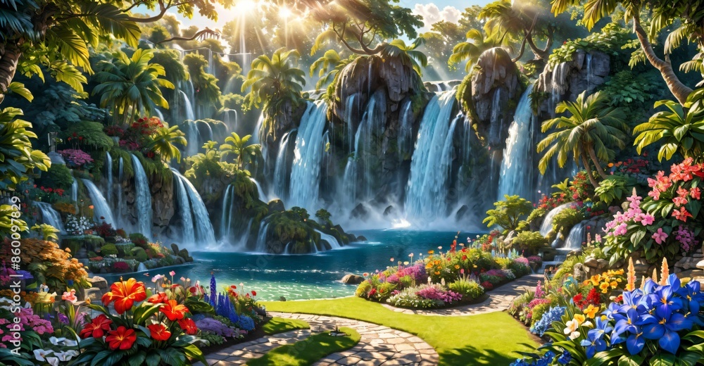 Obraz premium garden waterfall flowing river with flowers and tropical trees idyllic island paradise Eden landscape.