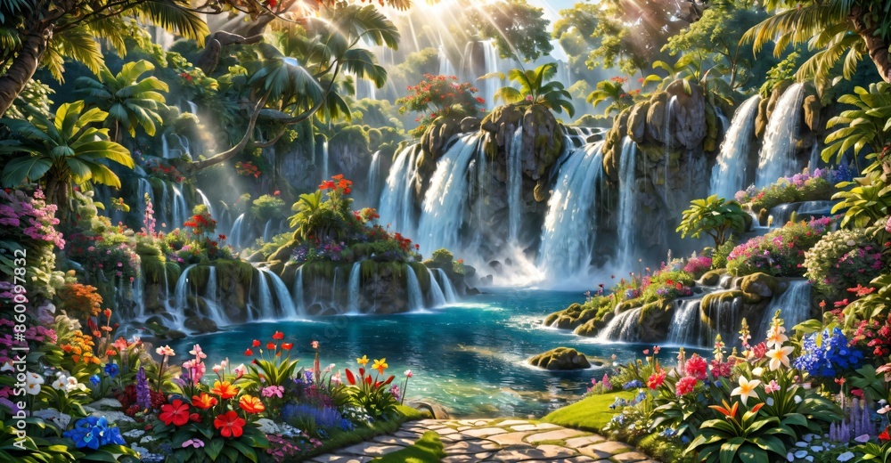 garden waterfall flowing river with flowers and tropical trees idyllic island paradise Eden landscape. garden waterfall flowing river with flowers and tropical trees idyllic island paradise Eden landscape.