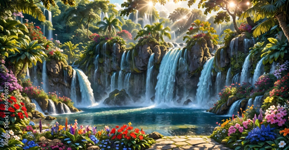 garden waterfall flowing river with flowers and tropical trees idyllic island paradise Eden landscape. garden waterfall flowing river with flowers and tropical trees idyllic island paradise Eden landscape.