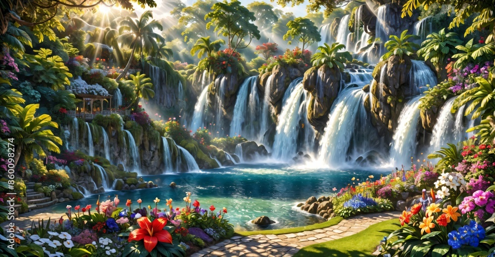 garden waterfall flowing river with flowers and tropical trees idyllic island paradise Eden landscape. garden waterfall flowing river with flowers and tropical trees idyllic island paradise Eden landscape.