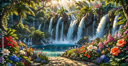 garden waterfall flowing river with flowers and tropical trees idyllic island paradise Eden landscape.