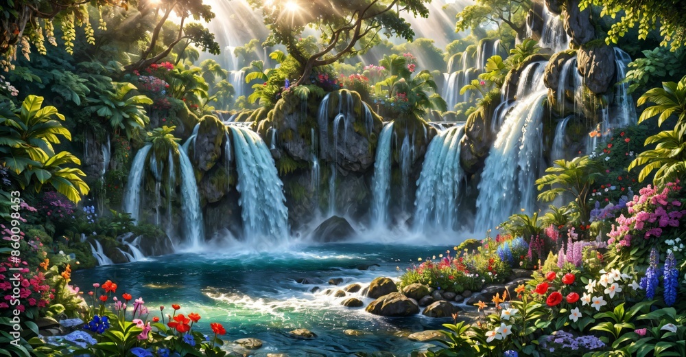 garden waterfall flowing river with flowers and tropical trees idyllic island paradise Eden landscape. garden waterfall flowing river with flowers and tropical trees idyllic island paradise Eden landscape.