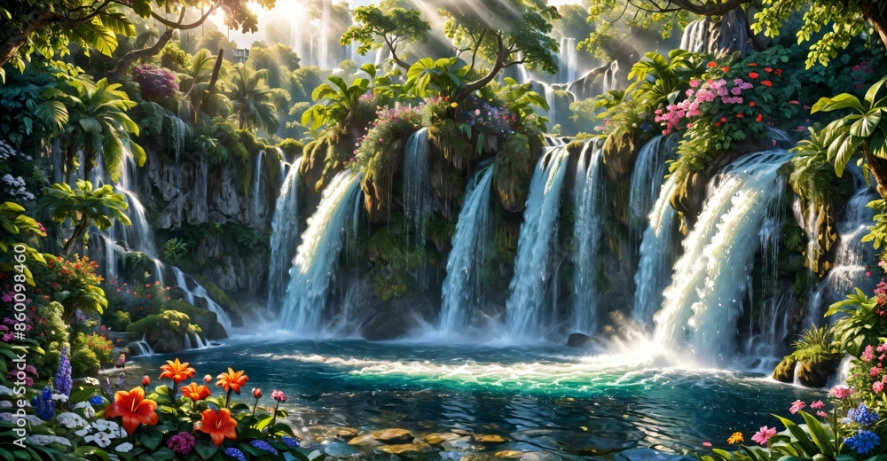 garden waterfall flowing river with flowers and tropical trees idyllic island paradise Eden landscape. garden waterfall flowing river with flowers and tropical trees idyllic island paradise Eden landscape.