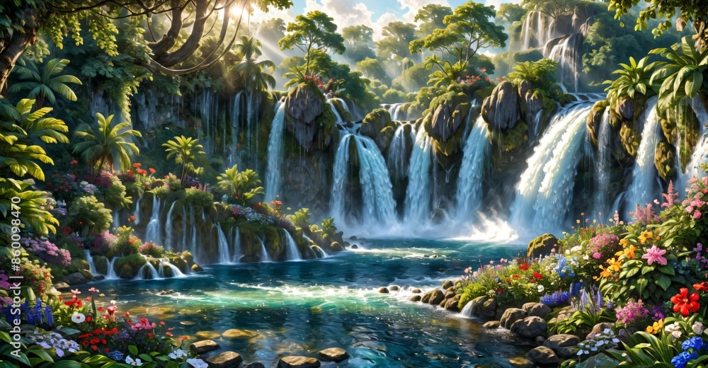 garden waterfall flowing river with flowers and tropical trees idyllic island paradise Eden landscape. garden waterfall flowing river with flowers and tropical trees idyllic island paradise Eden landscape.