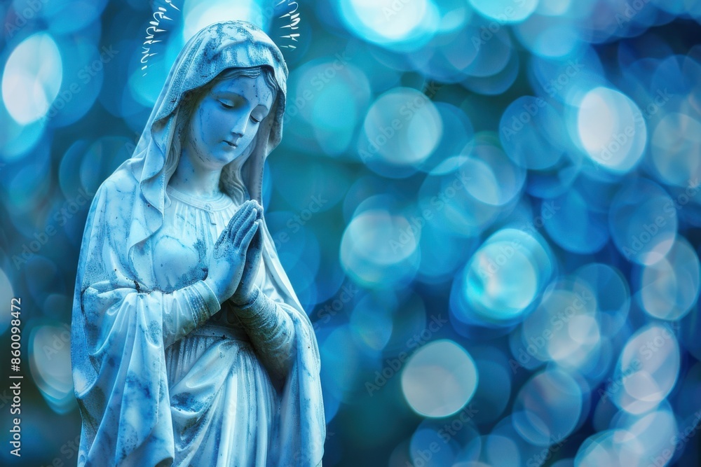 Halo. Praying Virgin Mary Statue with Beautiful Blue Background Halo. Praying Virgin Mary Statue with Beautiful Blue Background