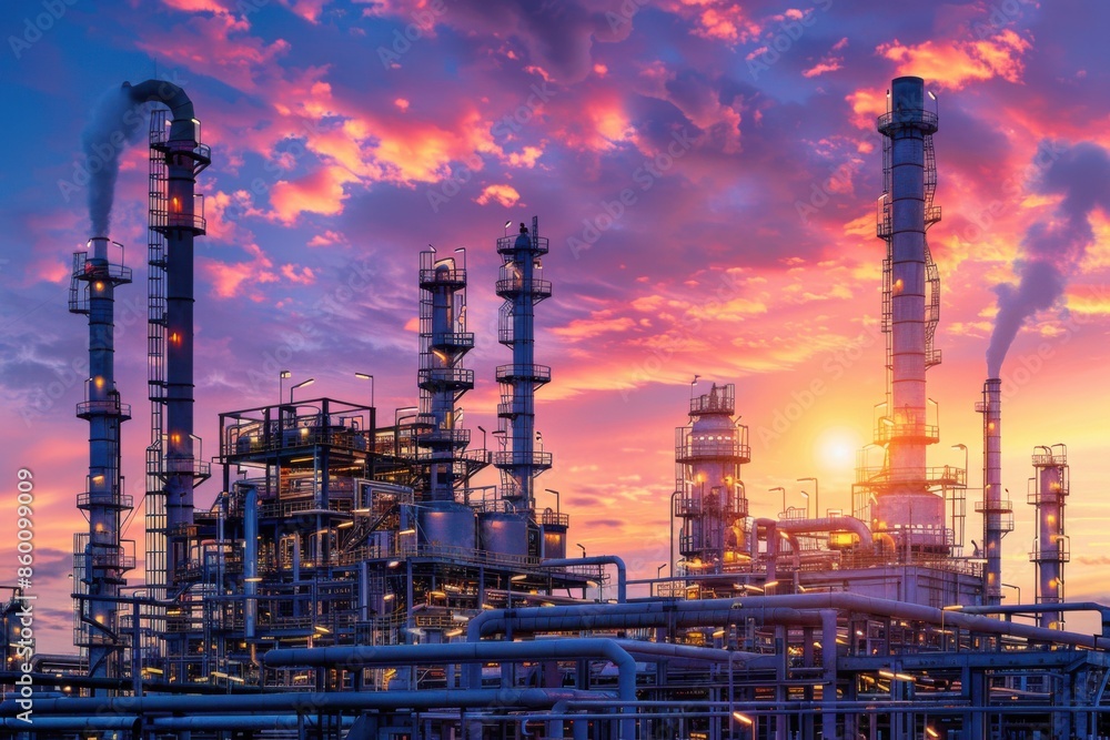 Chemical Industry. Twilight Sky over Petrochemical Plant with Architecture and Electrical Equipment Chemical Industry. Twilight Sky over Petrochemical Plant with Architecture and Electrical Equipment