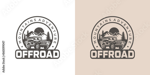 Vintage Jeep Adventure Logo Design and Mountain View Illustration.