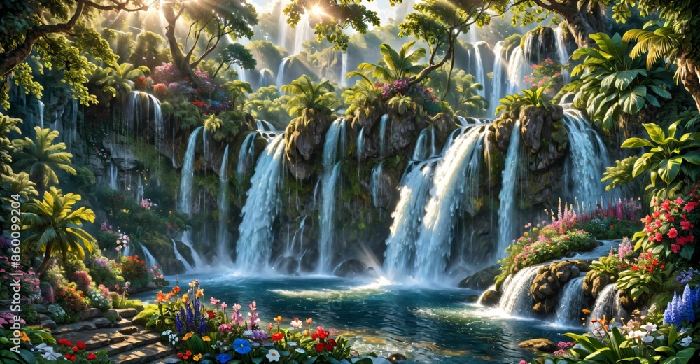 garden waterfall flowing river with flowers and tropical trees idyllic island paradise Eden landscape. garden waterfall flowing river with flowers and tropical trees idyllic island paradise Eden landscape.