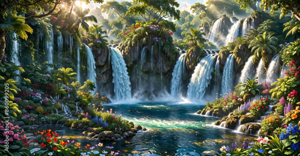 garden waterfall flowing river with flowers and tropical trees idyllic island paradise Eden landscape. garden waterfall flowing river with flowers and tropical trees idyllic island paradise Eden landscape.