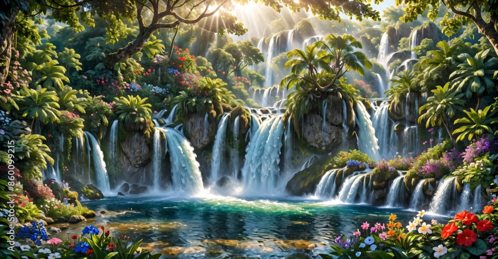 garden waterfall flowing river with flowers and tropical trees idyllic island paradise Eden landscape. garden waterfall flowing river with flowers and tropical trees idyllic island paradise Eden landscape.