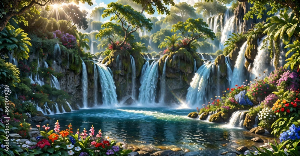 garden waterfall flowing river with flowers and tropical trees idyllic island paradise Eden landscape. garden waterfall flowing river with flowers and tropical trees idyllic island paradise Eden landscape.