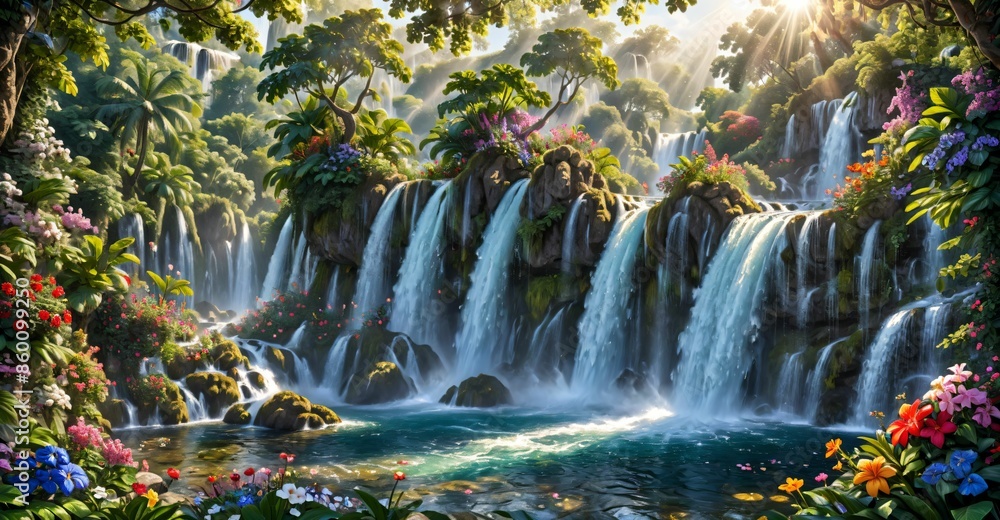 garden waterfall flowing river with flowers and tropical trees idyllic island paradise Eden landscape. garden waterfall flowing river with flowers and tropical trees idyllic island paradise Eden landscape.