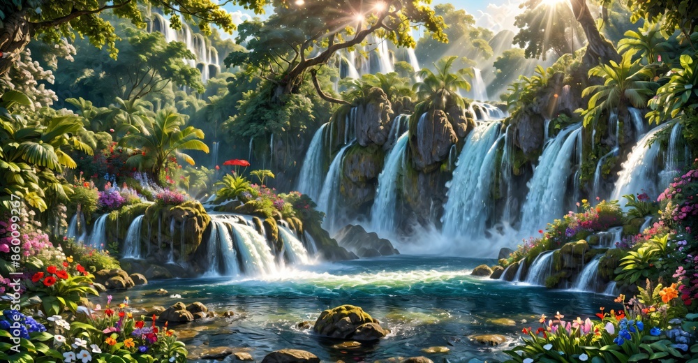 garden waterfall flowing river with flowers and tropical trees idyllic island paradise Eden landscape. garden waterfall flowing river with flowers and tropical trees idyllic island paradise Eden landscape.