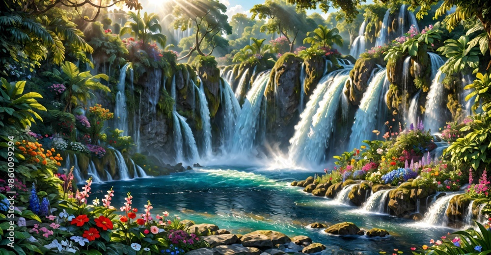 garden waterfall flowing river with flowers and tropical trees idyllic island paradise Eden landscape. garden waterfall flowing river with flowers and tropical trees idyllic island paradise Eden landscape.