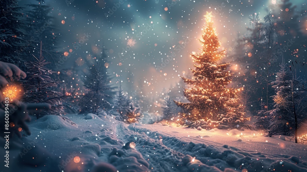 A glowing Christmas tree stands out in a snowy forest during twilight, with gentle snowflakes falling, creating a magical, serene holiday ambiance in a winter wonderland. A glowing Christmas tree stands out in a snowy forest during twilight, with gentle snowflakes falling, creating a magical, serene holiday ambiance in a winter wonderland.
