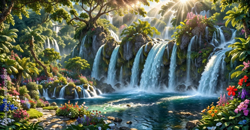 garden waterfall flowing river with flowers and tropical trees idyllic island paradise Eden landscape. garden waterfall flowing river with flowers and tropical trees idyllic island paradise Eden landscape.