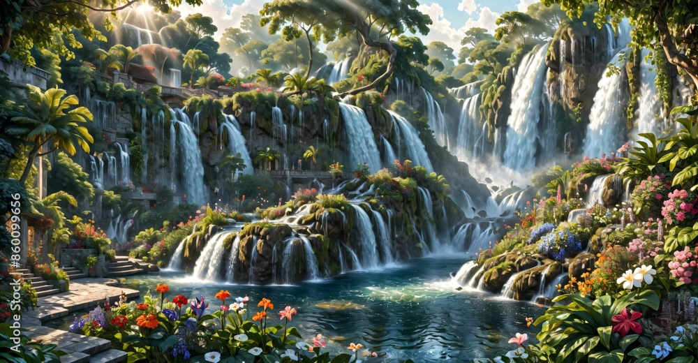 garden waterfall flowing river with flowers and tropical trees idyllic island paradise Eden landscape. garden waterfall flowing river with flowers and tropical trees idyllic island paradise Eden landscape.