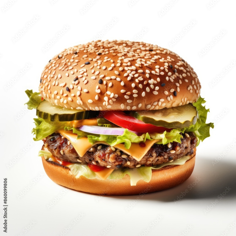 Classic Hamburger With Sesame Seed Bun And Toppings Classic Hamburger With Sesame Seed Bun And Toppings