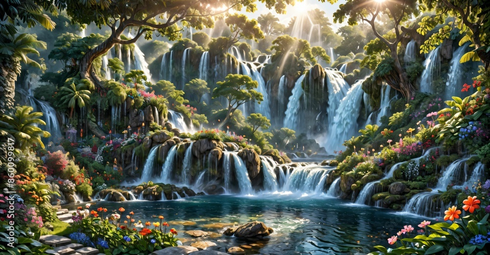 garden waterfall flowing river with flowers and tropical trees idyllic island paradise Eden landscape. garden waterfall flowing river with flowers and tropical trees idyllic island paradise Eden landscape.