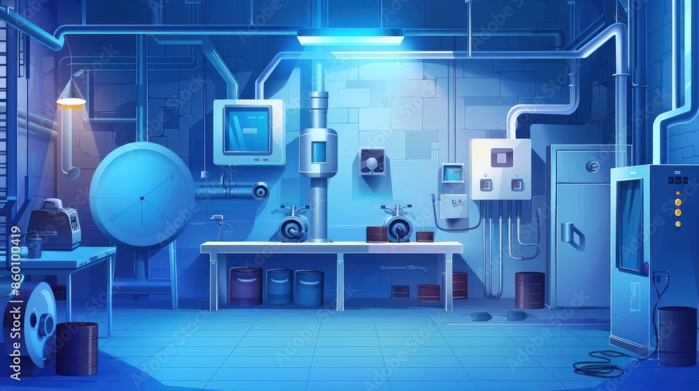 Industrial Facility Interior with Pipes and Machinery Industrial Facility Interior with Pipes and Machinery