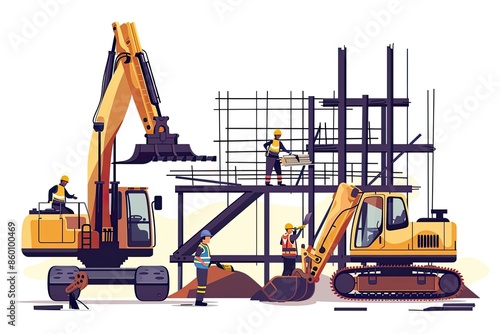 Illustration of Construction Site with Workers and Machinery photo