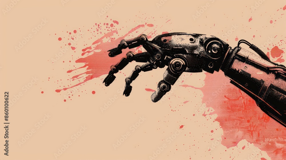 Fototapeta premium Metallic Hand Reaching Out with Red Splatter