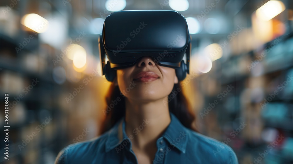 A woman wearing a VR headset navigates through a modern warehouse, Smart Warehousing, Digital Transformation A woman wearing a VR headset navigates through a modern warehouse, Smart Warehousing, Digital Transformation