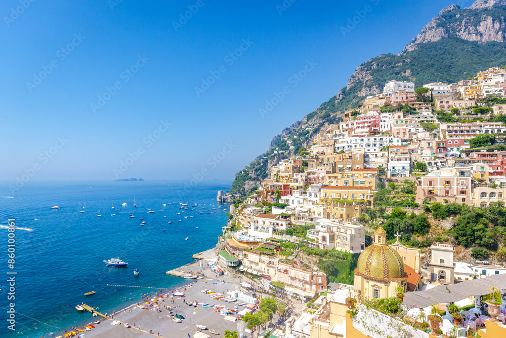 Aerial view of Positano on Amalfi Coast in Campania, Italy.