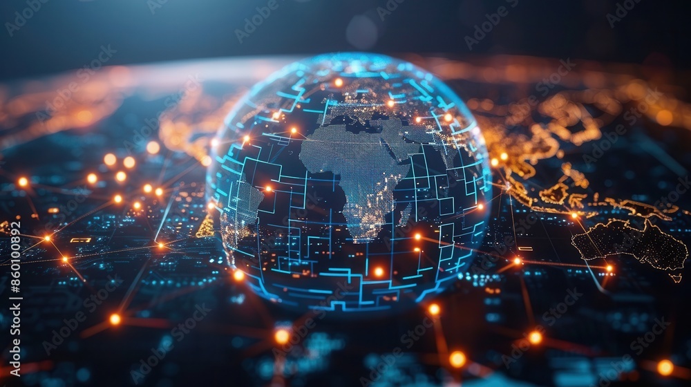 Digital Globe with Global Network Connections, Global Connectivity, Data Visualization Digital Globe with Global Network Connections, Global Connectivity, Data Visualization
