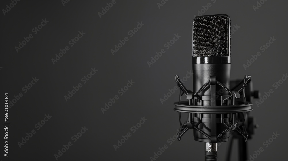 Black Condenser Microphone Against A Grey Background Copyspace Black Condenser Microphone Against A Grey Background Copyspace