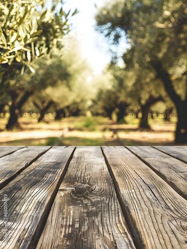 wooden table and nature background,Wooden empty table top, texture board panel against the backdrop of green olive orchard trees, defocused olive trees,Wooden empty table top, texture board panel