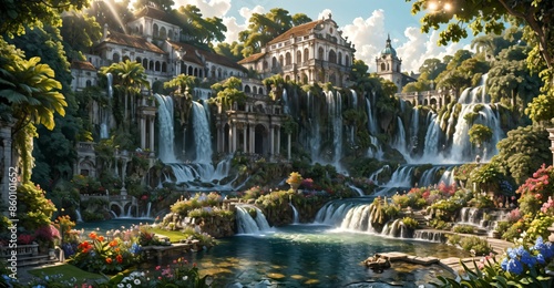 A beautiful paradise building land full of flowers, rivers and waterfalls, a blooming and magical idyllic Eden garden. Mountain ancient baroque architecture.