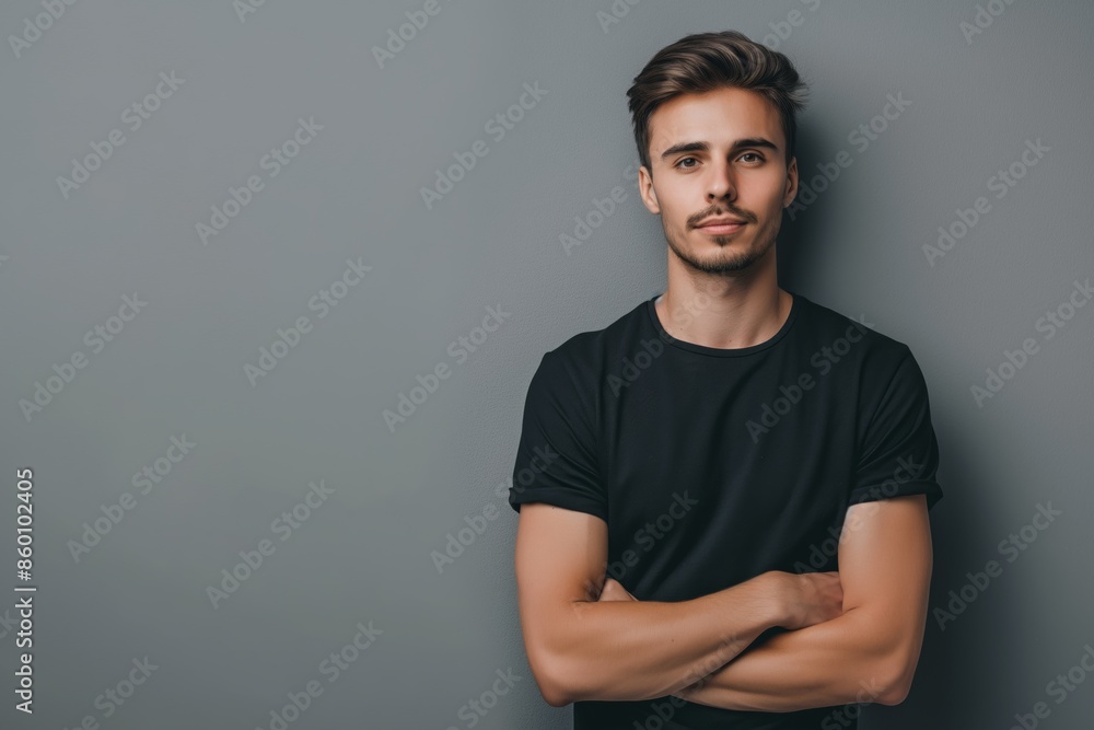 Confident young man with a beard, smiling in a black T-shirt, with his arms crossed. Confident young man with a beard, smiling in a black T-shirt, with his arms crossed.