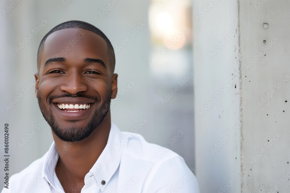 Smiling young African American man wearing white shirt outdoors exuding confidence and joy. Smiling young African American man wearing white shirt outdoors exuding confidence and joy.