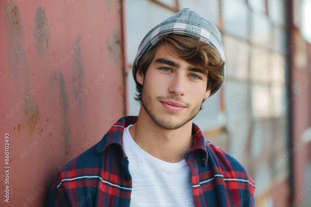 Handsome young man with a beard and stylish hat, confidently posing outdoors. Handsome young man with a beard and stylish hat, confidently posing outdoors.