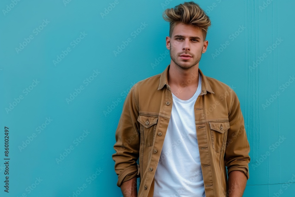 A handsome young man with a beard in a jacket posing confidently in the studio. A handsome young man with a beard in a jacket posing confidently in the studio.