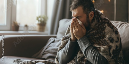 A young Caucasian man at home, battling a flu virus with tissues while feeling unwell