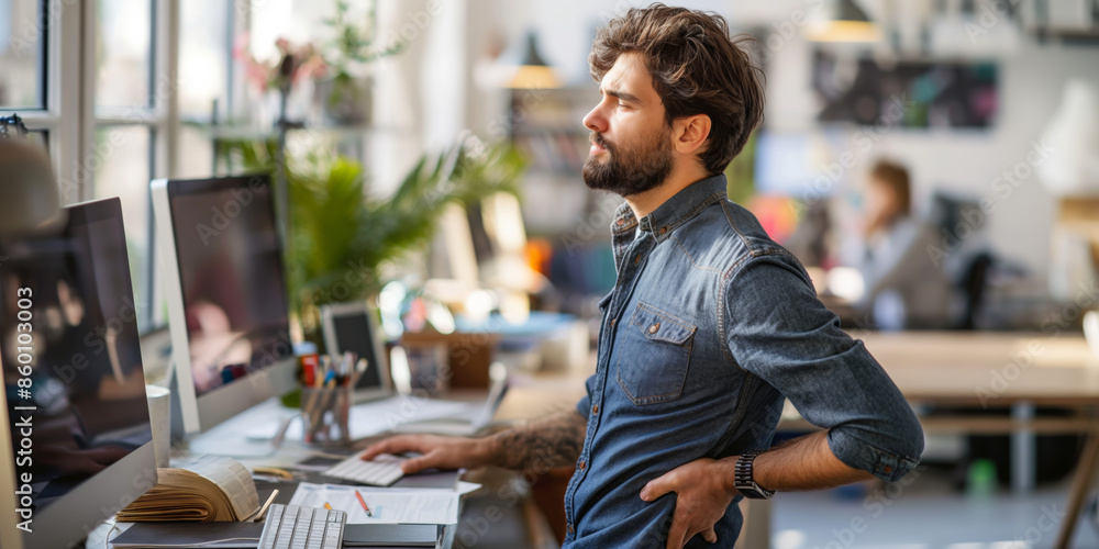 A businessman at his desk in pain, reflecting a modern office environment. A businessman at his desk in pain, reflecting a modern office environment.