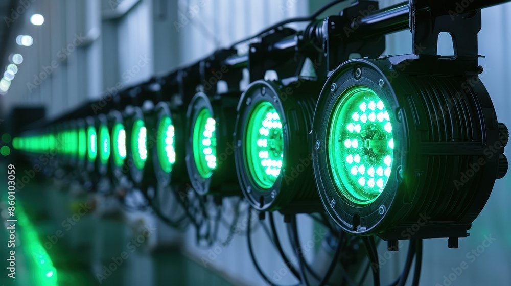 A close-up of a series of green stage lights enhancing an indoor setup, providing vibrant lighting, perfect for concerts and various performing arts events. A close-up of a series of green stage lights enhancing an indoor setup, providing vibrant lighting, perfect for concerts and various performing arts events.