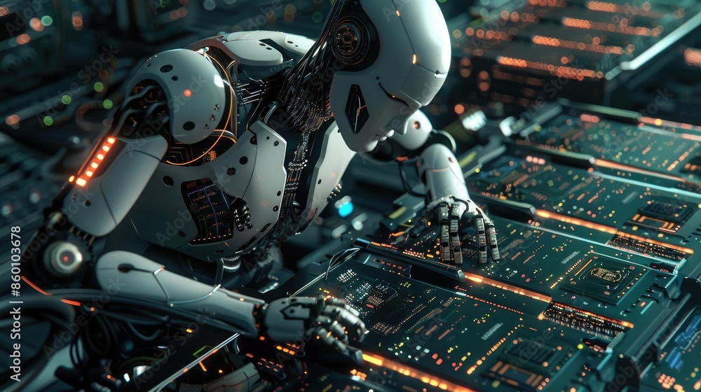 AI robot tweaking circuit boards, dark and moody, cyberpunk, high-resolution, dramatic lighting AI robot tweaking circuit boards, dark and moody, cyberpunk, high-resolution, dramatic lighting