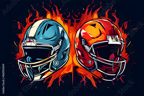 This artwork features two football helmets, one red and one blue, facing forward against a fiery background. 