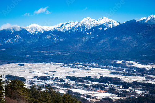 青い空に映えている美しい八ヶ岳の風景Beautiful scenery of Mt. Yatsugatake reflected in the blue sky photo