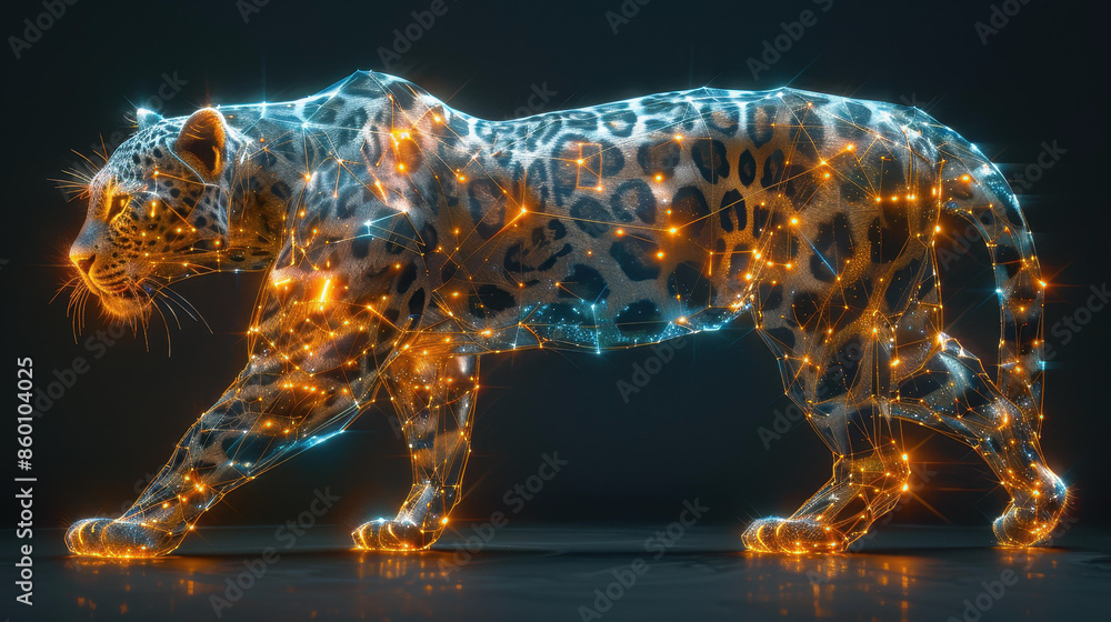 Fototapeta premium A futuristic depiction of a leopard interwoven with digital light patterns and networks. The image emphasizes the fusion of nature and advanced technology.