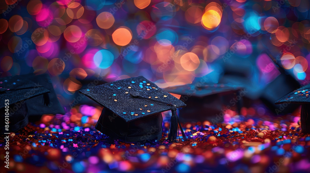 Obraz premium A vibrant image featuring graduation caps adorned with confetti against a colorful bokeh background, symbolizing celebration and achievement.