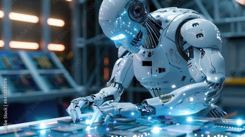 Fototapeta premium Robot crafting intricate circuits, holographic overlays, metallic blue, photorealistic, tech-focused