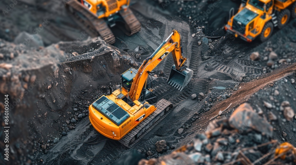 Yellow Excavator Working in a Gravel Pit Yellow Excavator Working in a Gravel Pit