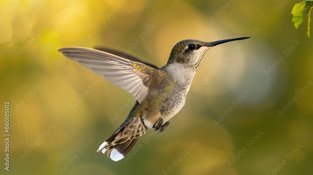 Fototapeta premium A hummingbird is flying in the air, its wings flapping quickly.